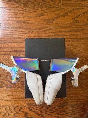 Dries Van Noten Iridescent Silver Strap and Light Gray Suede Mules